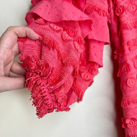 Alexis Calypso Ruffled Off Shoulder Rouge Coral Pink Embroidered Mini Dress XS - Picture 8 of 16